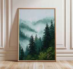 Misty Forest Poster, Nature Wall Art Print, Evergreen Mountain Landscape Painting, Tranquil Woodland Foggy Trees Home Decor - thumbnail 1