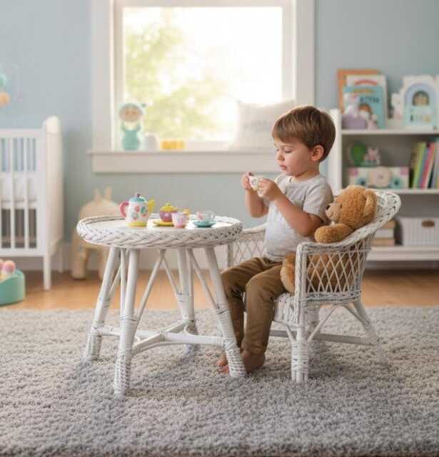 Wicker Table & Chair Set, Rattan Chair, Kids Wicker White - image 1