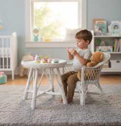 Wicker Table & Chair Set, Rattan Chair, Kids Wicker White - thumbnail 1