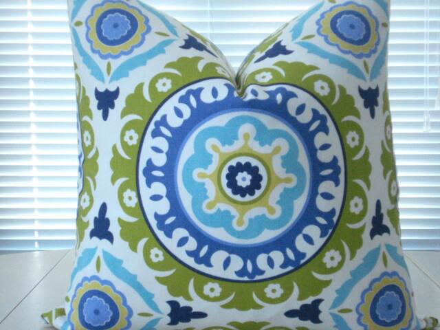 Suzani Pillow Cover - Indigo, Lime & Aqua Cotton Toss - image 1