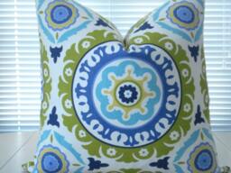Suzani Pillow Cover - Indigo, Lime & Aqua Cotton Toss - thumbnail 1