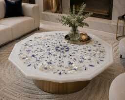 Octagonal White Marble Tabletop Mother Of Pearl Inlay Stone Slab - thumbnail 1