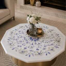 Octagonal White Marble Tabletop Mother Of Pearl Inlay Stone Slab - thumbnail 3