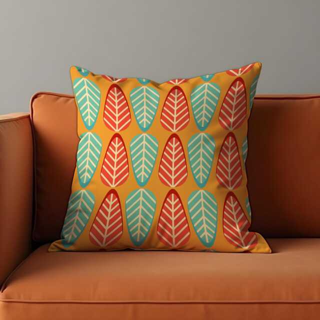 Mid Century Modern Cushion Cover, Colorful Leaf Pattern in Orange, Red & Aqua Pillow Case, Retro Throw Vibrant Home Decor - image 1
