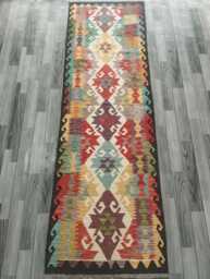 Multicolour Wool Runner, Handmade Artisan Afghan Turkish Persian Qashqai Moroccan Navajo Flatweave, Natural Kilim Rug 259x80 cm - thumbnail 1