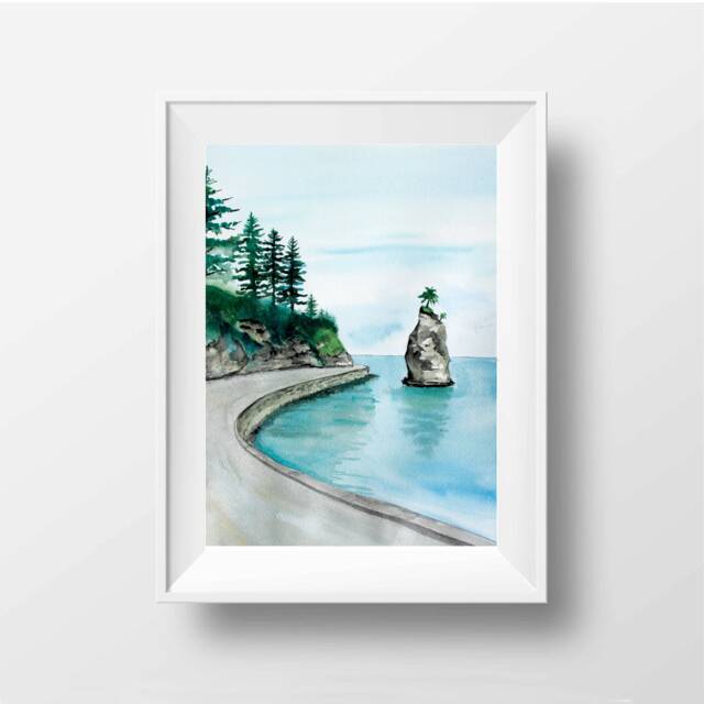Siwash Rock Vancouver Watercolor Wall Art, Canadian Landscape Print - image 1