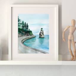 Siwash Rock Vancouver Watercolor Wall Art, Canadian Landscape Print - thumbnail 3