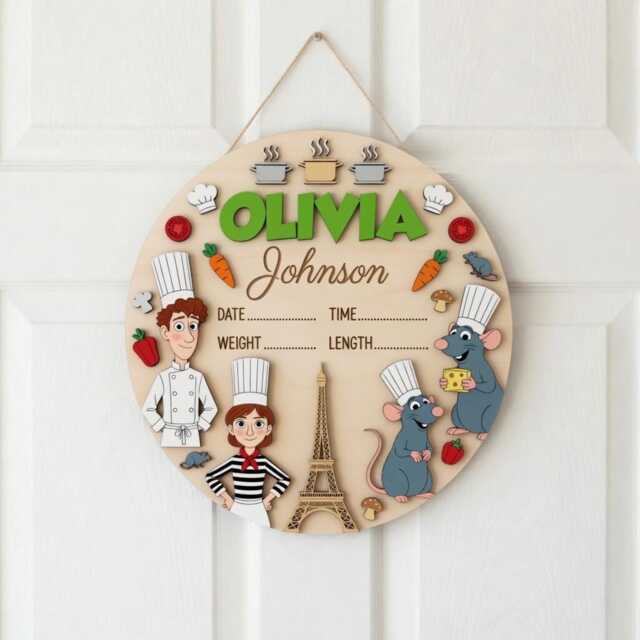 Personalized Ratatouille Wooden Name Sign, Baby Birth Announcement Plaque, Custom Remy Chef Nursery Wall Decor, La - image 1