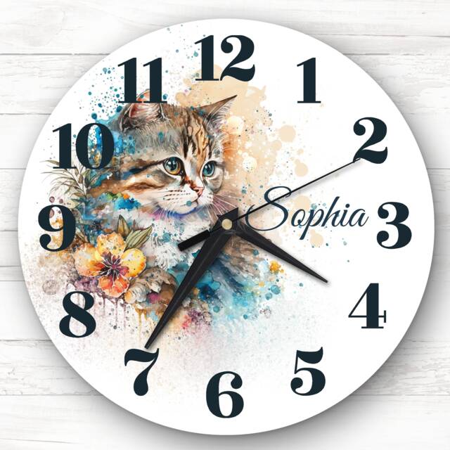 Colourful Splash Kitten Cat Girl's Room Custom Gift Personalised Clock - image 1