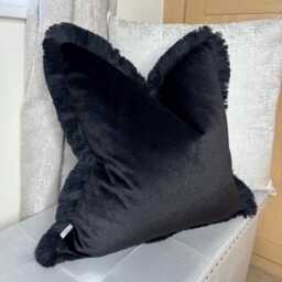 Black Velvet Fringe Cushion Cover Handmade Designer Pillow, UK - thumbnail 1
