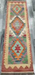 Classic Runner Rug, Handmade Artisan Afghan Turkish Scandinavian Navajo Bohemian Wool Flatweave Multicolour Kilim Rug 195x60 cm - thumbnail 1