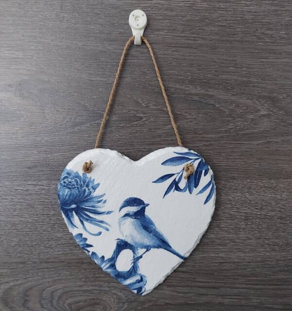 Blue Bird & Flowers Slate Heart Wall Hanging Decoupage Gift - image 1