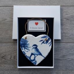 Blue Bird & Flowers Slate Heart Wall Hanging Decoupage Gift - thumbnail 3