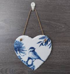 Blue Bird & Flowers Slate Heart Wall Hanging Decoupage Gift