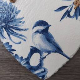 Blue Bird & Flowers Slate Heart Wall Hanging Decoupage Gift - thumbnail 2