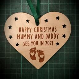 Christmas Decorations Xmas Tree New Baby Mum Mummy Dad Daddy Wood Wooden Ribbon Gifts Engraved Family Unique Heart Snowflake Laser - thumbnail 3