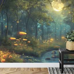 Fantasy Forest Mural, Glowing Trees, Flowers Wallpaper, Peel & Stick Wall Decal - thumbnail 3