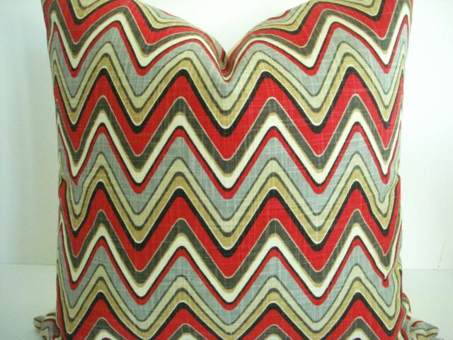 Waverly -Decorative Designer Pillow Cover - Wave Chevron Throw /Lumbar Pillow- Grey -Red-Tan-Cream-Black - image 1