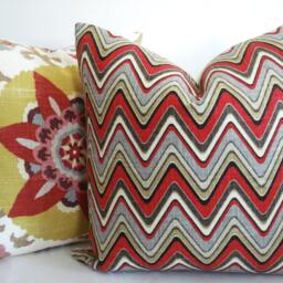 Waverly -Decorative Designer Pillow Cover - Wave Chevron Throw /Lumbar Pillow- Grey -Red-Tan-Cream-Black - thumbnail 2