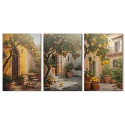 Canvas Set Of 3 Wall Art - Sunny Patio With Citrus Trees & Pots, Orange Print, Plants Flowers Decor - thumbnail 2