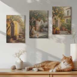 Canvas Set Of 3 Wall Art - Sunny Patio With Citrus Trees & Pots, Orange Print, Plants Flowers Decor - thumbnail 3
