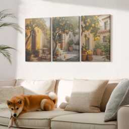 Canvas Set Of 3 Wall Art - Sunny Patio With Citrus Trees & Pots, Orange Print, Plants Flowers Decor