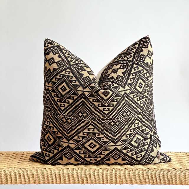 Black Neutral Tribal Hemp Hand Woven Natural Dye Color Lumbar Pillow Cover - Stains - image 1