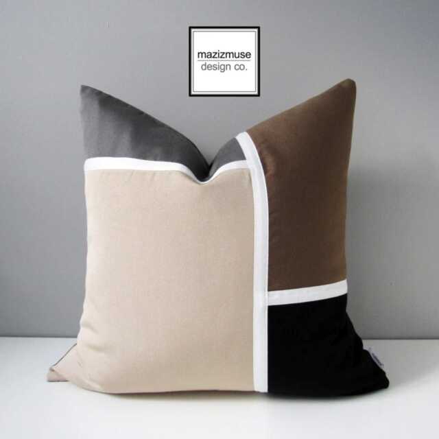 Brown Color Block Sunbrella?? Pillow Cover, Beige Gray Mid-Century Modern Outdoor Cushion - image 1