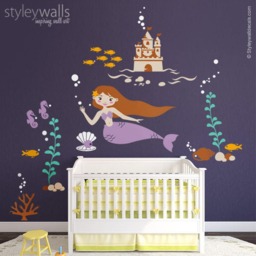 Mermaid Wall Decal, Nursery Sticker, Sea Castle Underwater Ocean Fishes Decal Decor - thumbnail 3