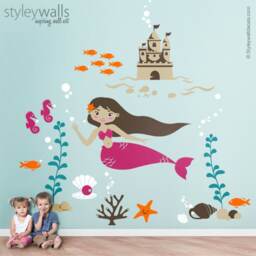 Mermaid Wall Decal, Nursery Sticker, Sea Castle Underwater Ocean Fishes Decal Decor - thumbnail 2