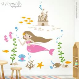 Mermaid Wall Decal, Nursery Sticker, Sea Castle Underwater Ocean Fishes Decal Decor