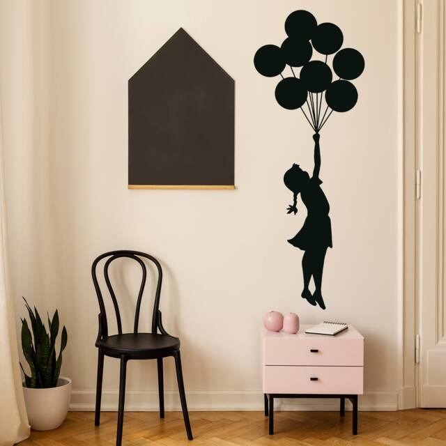Balloon Girl Artist Wall Sticker - Hot Air Nursery Baby Decor Vinyl Room Cute Decal Teen Love Silhouette Black Label Drawn Gift Mural - image 1