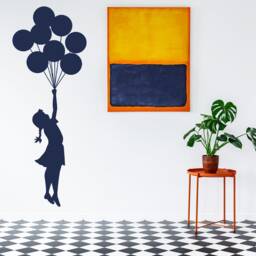 Balloon Girl Artist Wall Sticker - Hot Air Nursery Baby Decor Vinyl Room Cute Decal Teen Love Silhouette Black Label Drawn Gift Mural - thumbnail 4