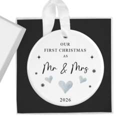 First Christmas As Mr & Mrs Bauble, 2026 1st Xmas Married Ornament Keepsake, Couples Tree, Newlywed, Gift For Wife, Husband, Hearts - thumbnail 1