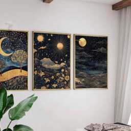 William Morris Set Of 3 Posters, Gold Decor, Print, Moon Poster, Night Sky Art, Botanical Floral Bedroom Art - thumbnail 2
