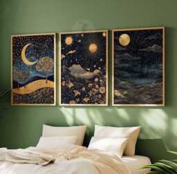 William Morris Set Of 3 Posters, Gold Decor, Print, Moon Poster, Night Sky Art, Botanical Floral Bedroom Art - thumbnail 1
