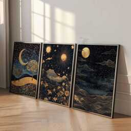 William Morris Set Of 3 Posters, Gold Decor, Print, Moon Poster, Night Sky Art, Botanical Floral Bedroom Art - thumbnail 3