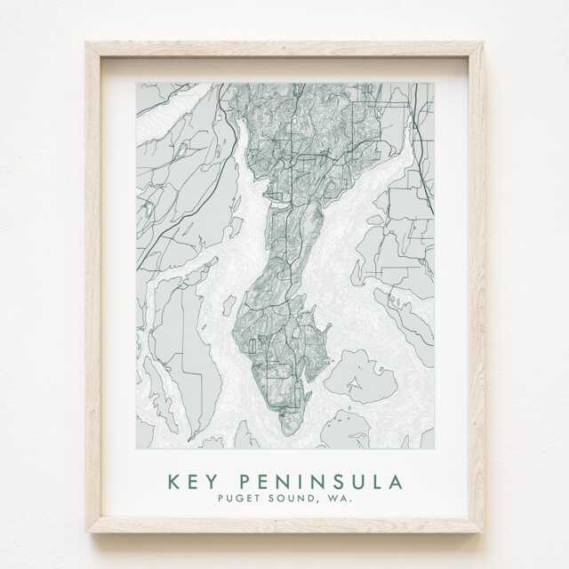 Key Peninsula Map Hand Drawn Topographic Washington Bathymetric Drawing - Art Print Home Gift Puget Sound Vacation Rental Decor - image 1
