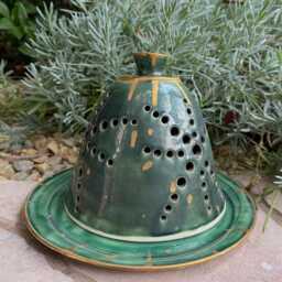 Handmade Green Ceramic Candle Holder Gold Accent Home Decor - thumbnail 3