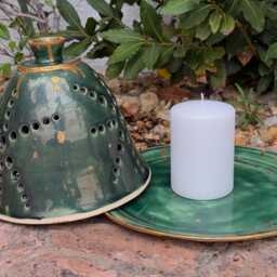 Handmade Green Ceramic Candle Holder Gold Accent Home Decor - thumbnail 2