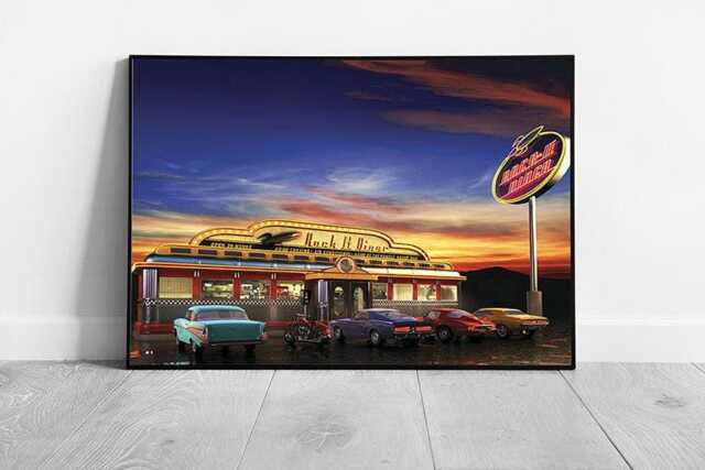 Vintage American Diner Scene Framed Wall Art Print Of Classic Cars At Retro Roadside Drive-In Cafe - image 1