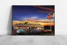 Vintage American Diner Scene Framed Wall Art Print Of Classic Cars At Retro Roadside Drive-In Cafe - thumbnail 1