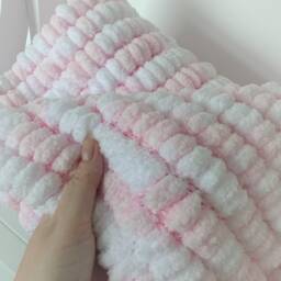 Hand Knitted Pom Baby Blanket - Pink/White Pram Size - Approx 57cmx70cm - thumbnail 1