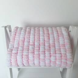 Hand Knitted Pom Baby Blanket - Pink/White Pram Size - Approx 57cmx70cm - thumbnail 3