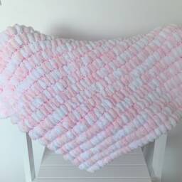 Hand Knitted Pom Baby Blanket - Pink/White Pram Size - Approx 57cmx70cm - thumbnail 2