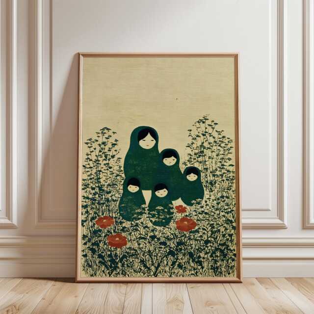 Green Folk Matryoshka Poster - Vintage Nesting Doll Meadow Illustration - image 1