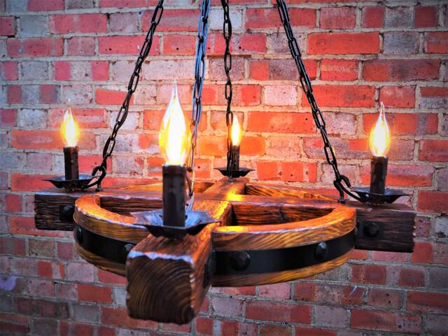 Celtic Cross Wooden Chandelier, Rustic Gothic Pendant Light, Medieval Decor Candle Fixture, Handmade Wood Hanging Lamp - image 1