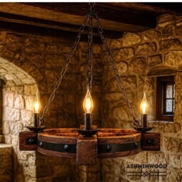 Celtic Cross Wooden Chandelier, Rustic Gothic Pendant Light, Medieval Decor Candle Fixture, Handmade Wood Hanging Lamp - thumbnail 3