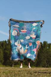 Ocean Boat Throw Blanket Kids Nursery Decor, Woven Cotton - thumbnail 1