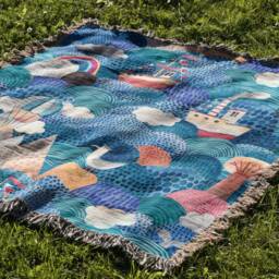 Ocean Boat Throw Blanket Kids Nursery Decor, Woven Cotton - thumbnail 3